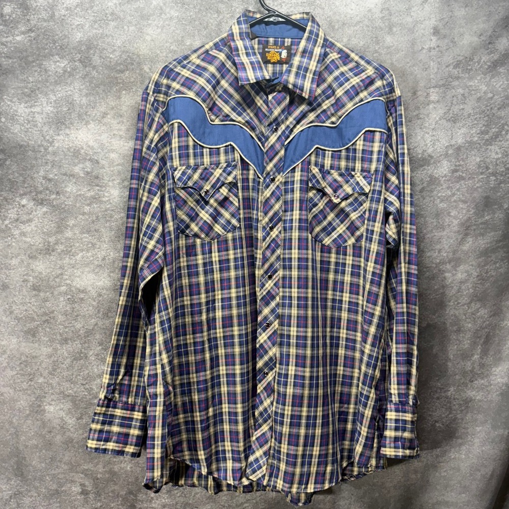 Kenny Rogers Plaid Western Pearl Snap Shirt Mens 17 35 Blue Ranch Cowboy Vintage